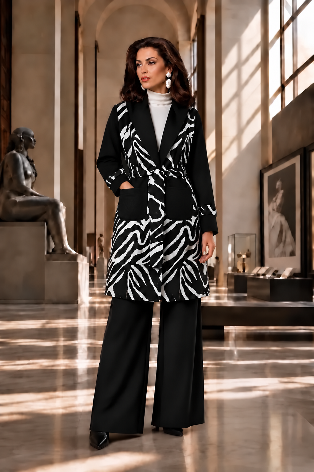 Zebra Hooded Belted Cardigan