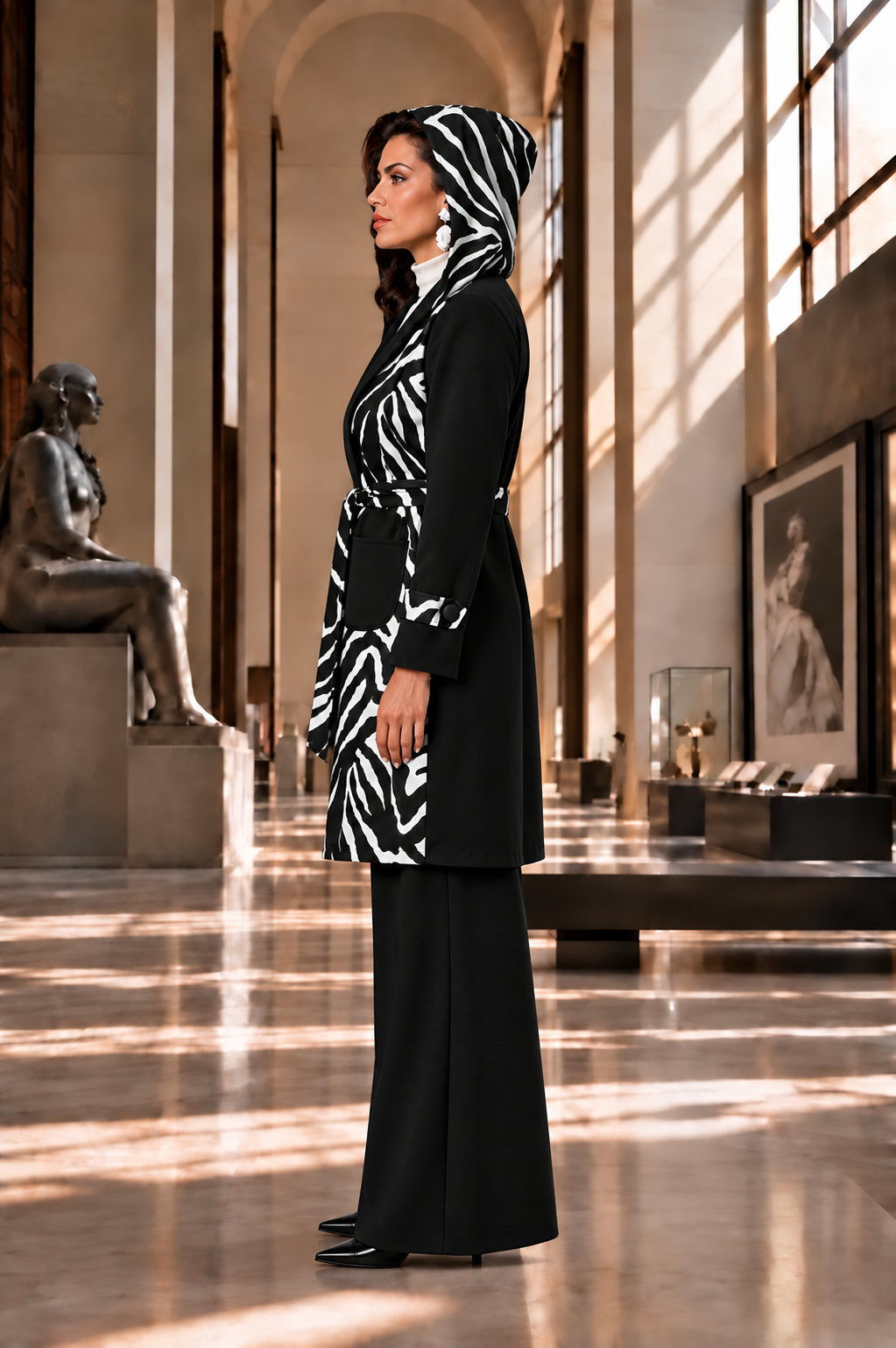 Zebra Hooded Belted Cardigan