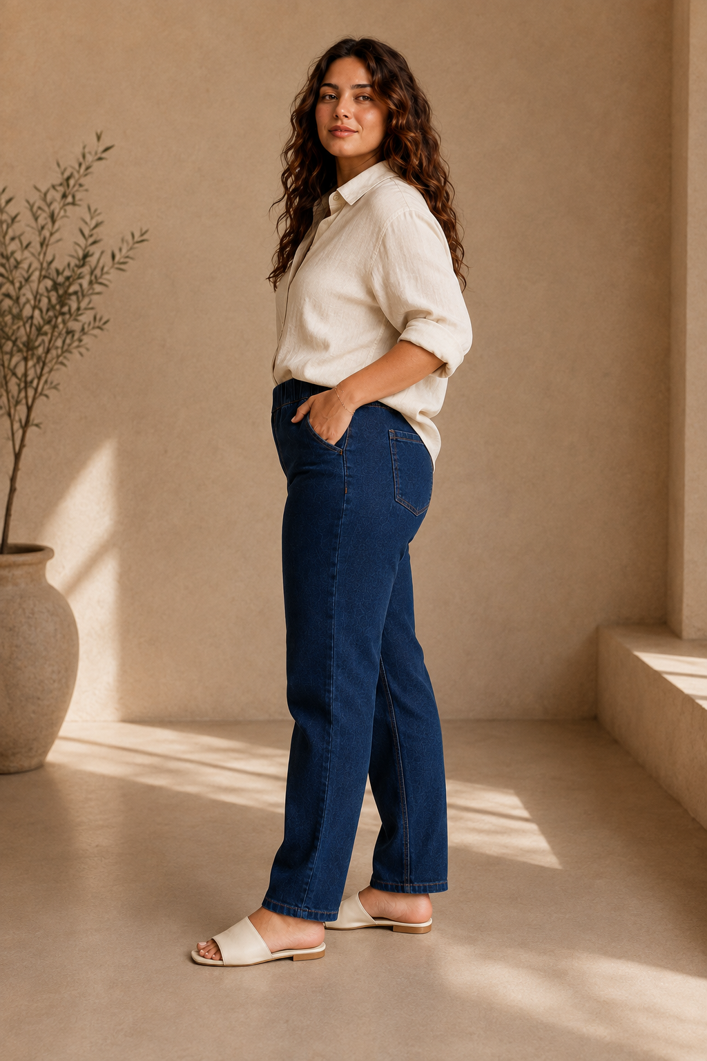 Patterned Denim Straight-Leg Pants