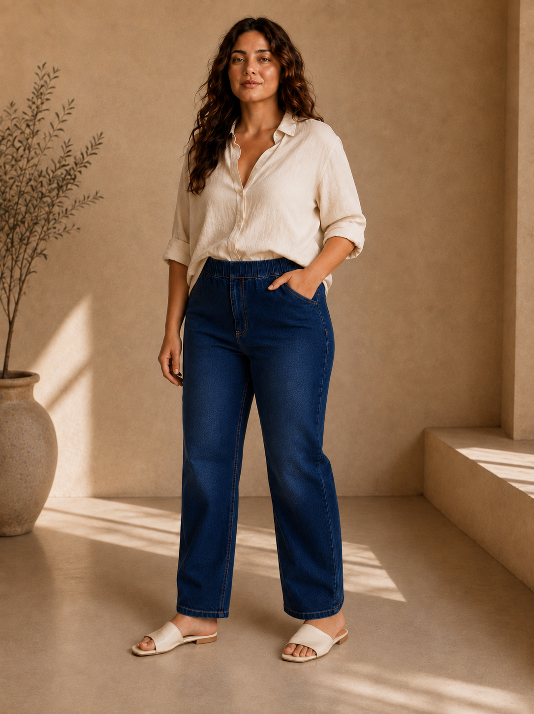 Patterned Denim Straight-Leg Pants