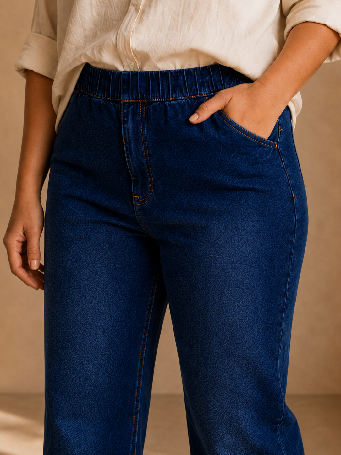 Patterned Denim Straight-Leg Pants