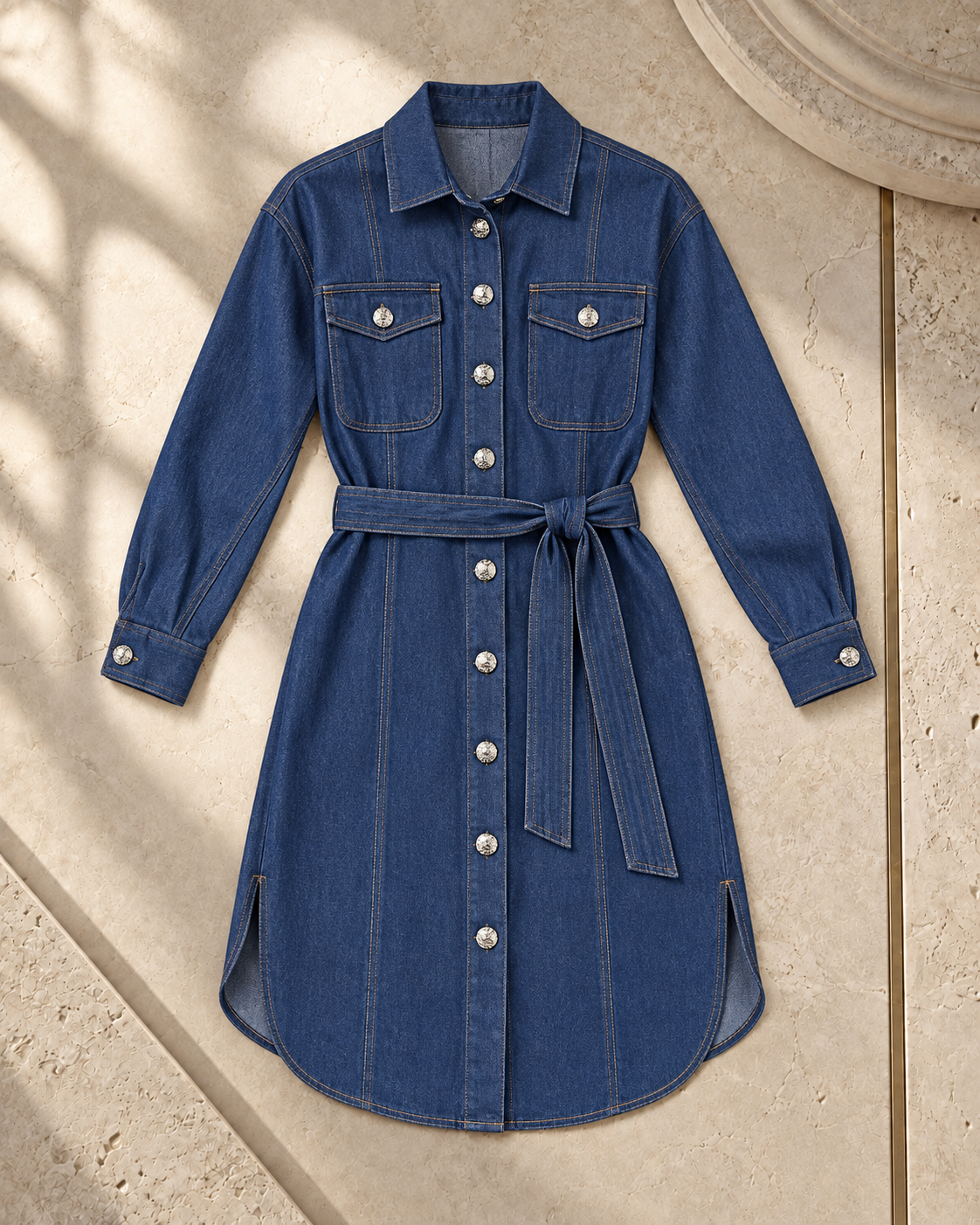 Belted Denim Long Chemise