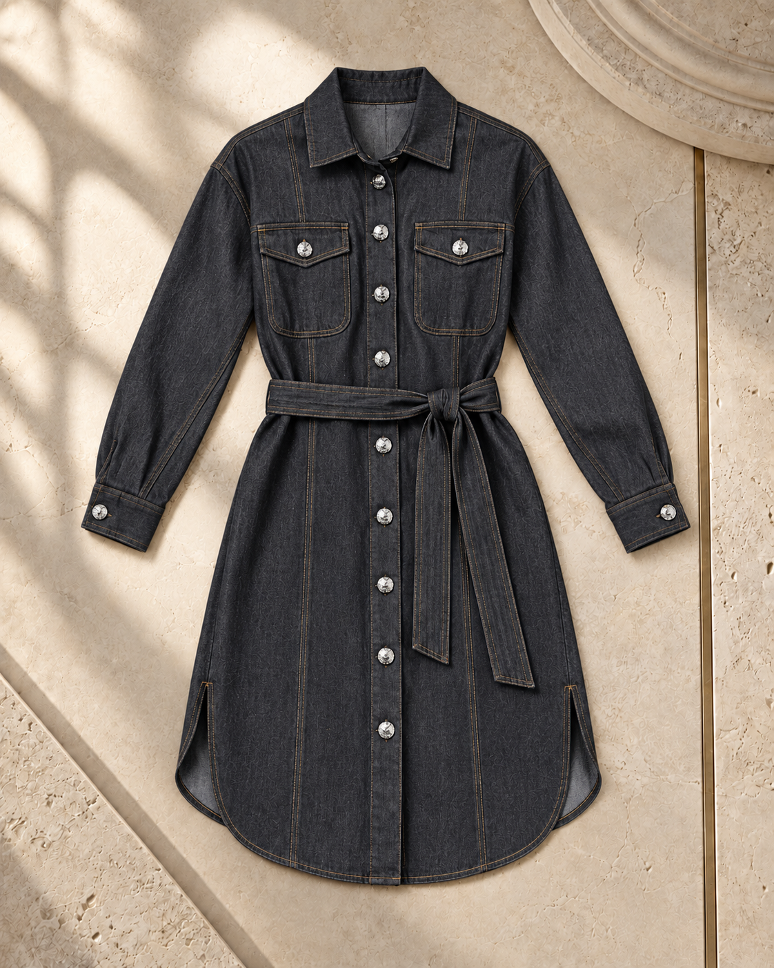 Belted Denim Long Chemise