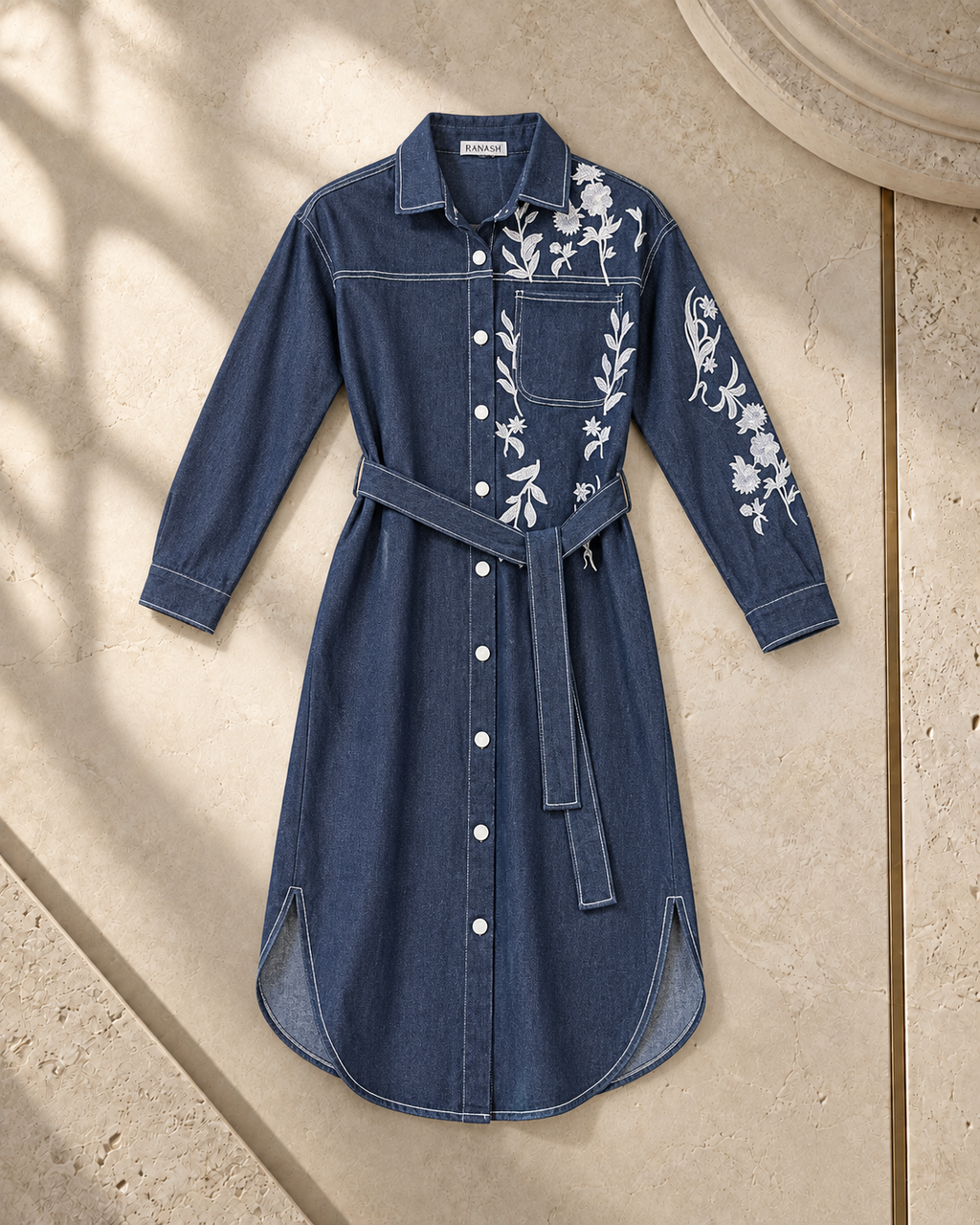 Embroidered Denim Long Chemise
