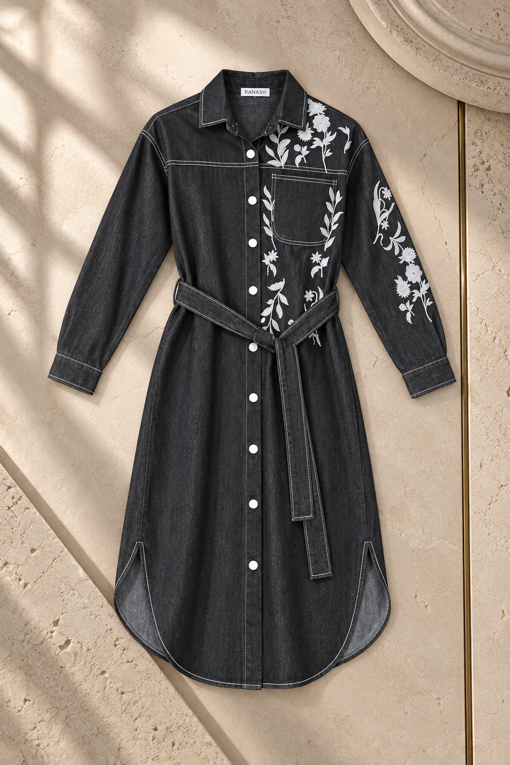 Embroidered Denim Long Chemise