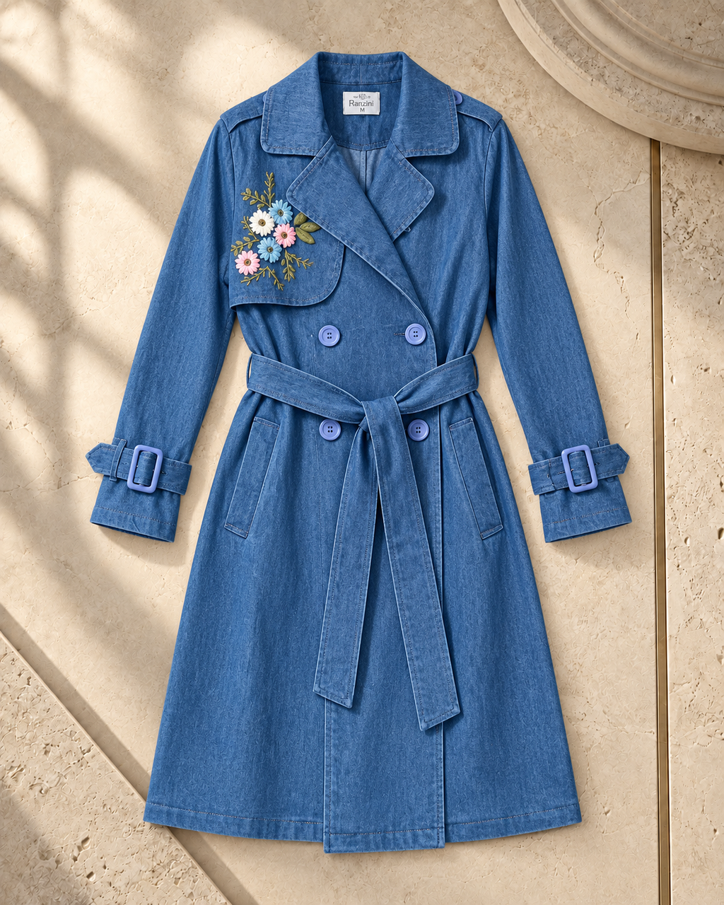 Floral Embroidered Denim Trench Coat