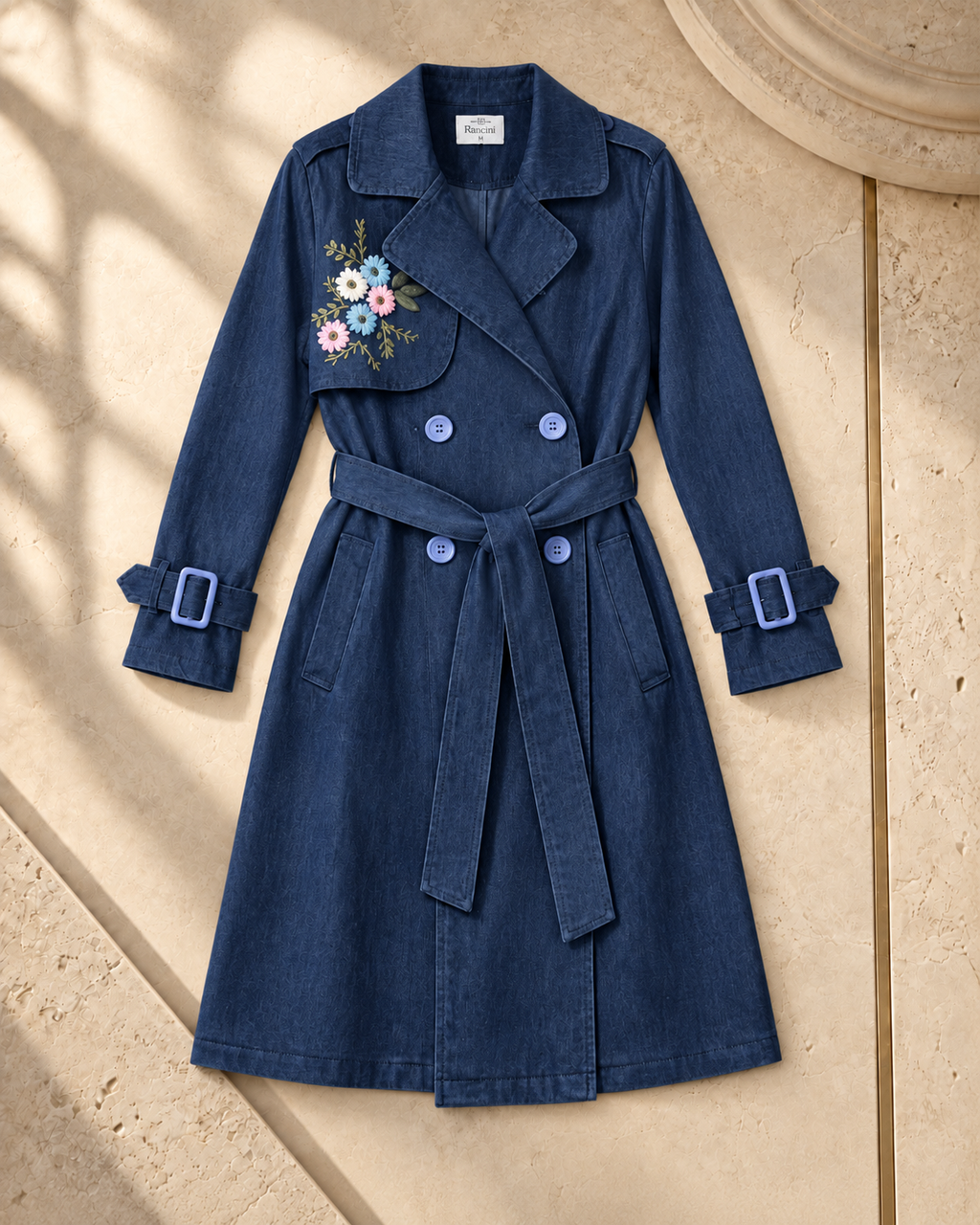 Floral Embroidered Denim Trench Coat