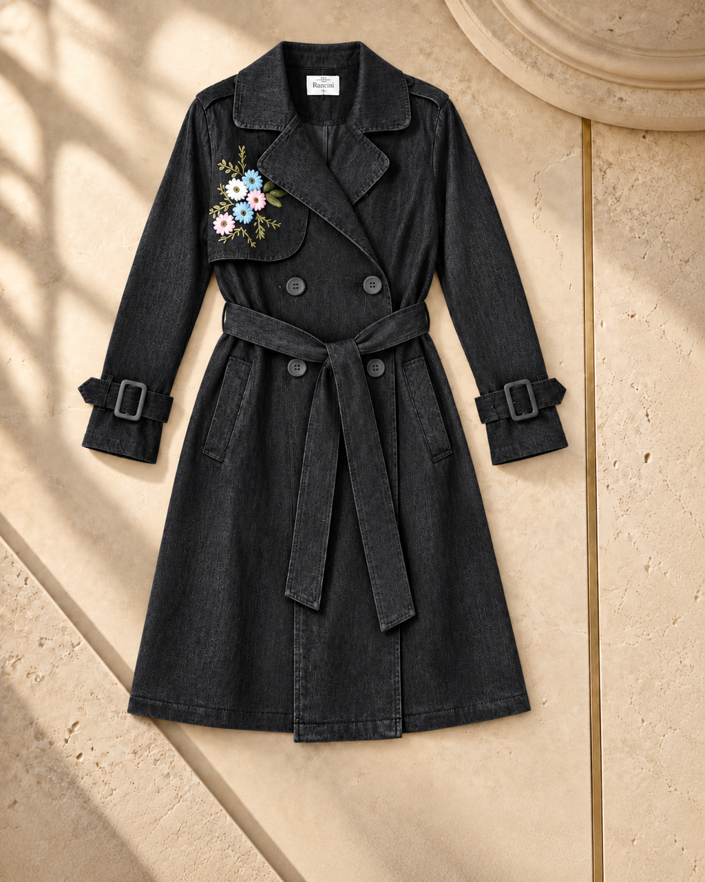 Floral Embroidered Denim Trench Coat