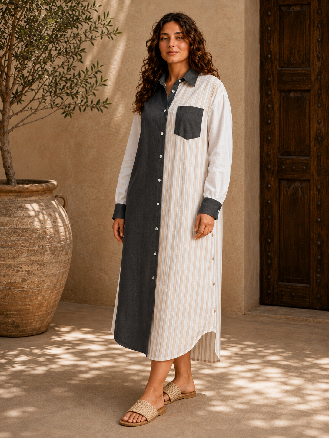 Contrast Stripe Shirt Dress