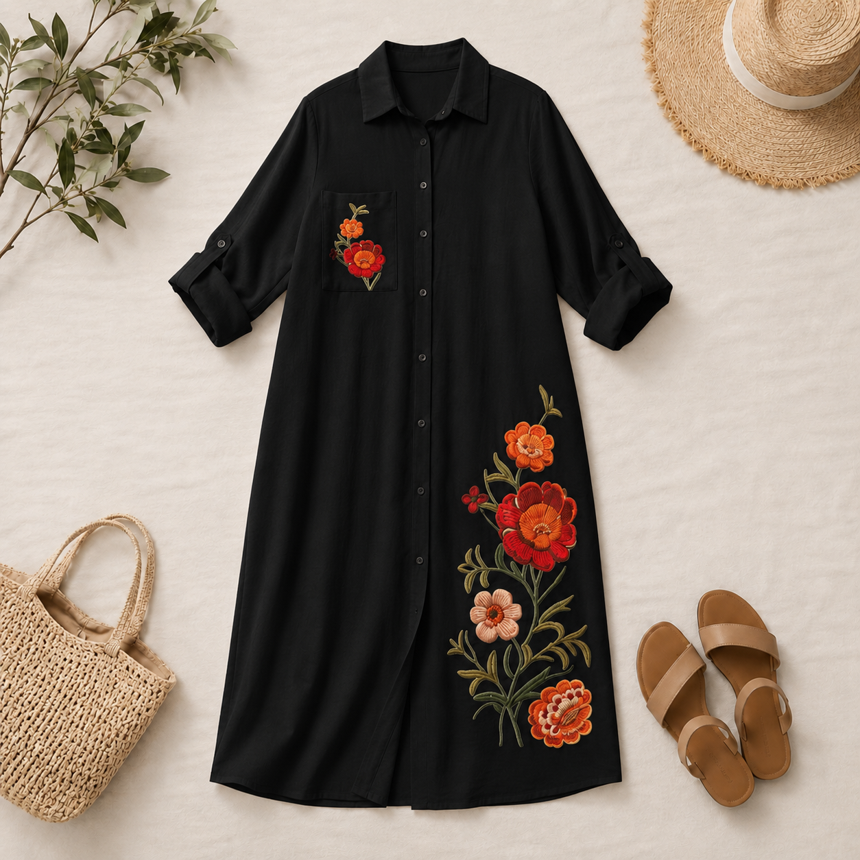 Embroidered Linen Shirt Dress