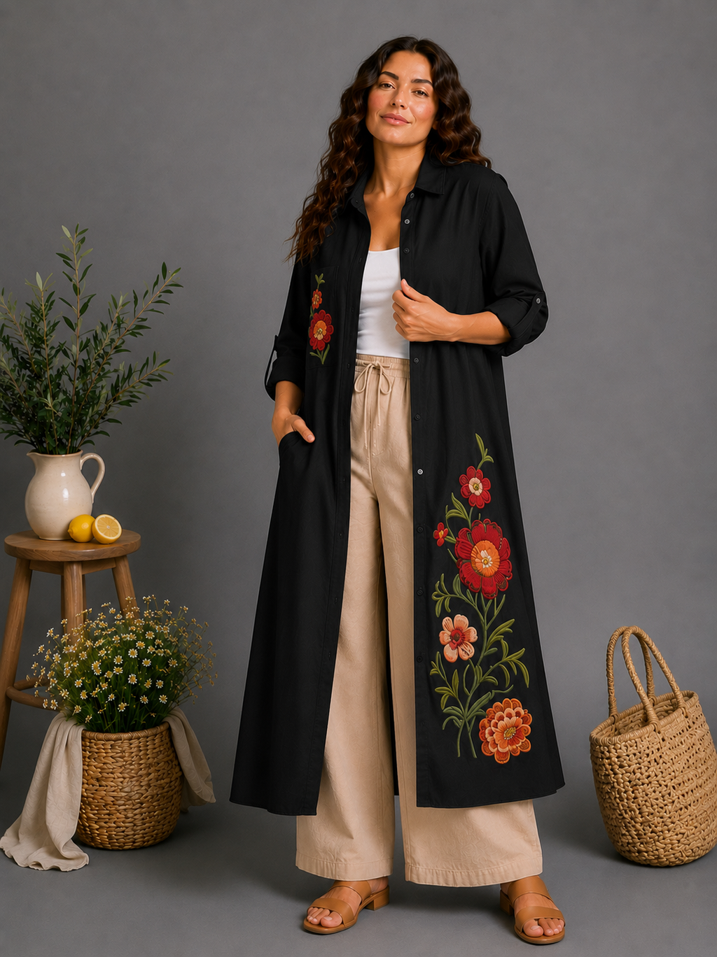 Embroidered Linen Shirt Dress