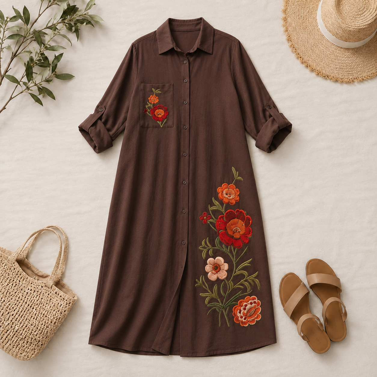 Embroidered Linen Shirt Dress