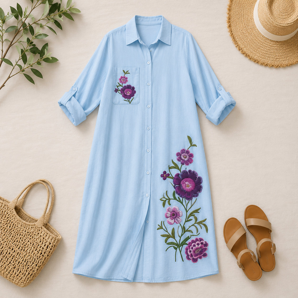 Embroidered Linen Shirt Dress