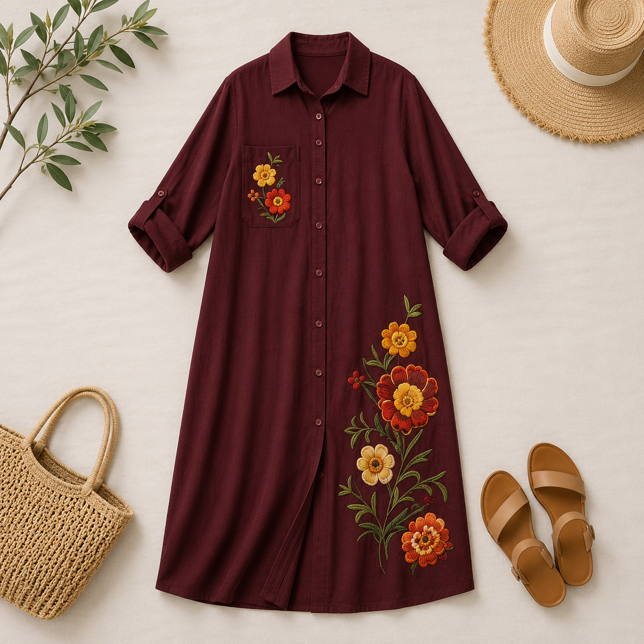 Embroidered Linen Shirt Dress