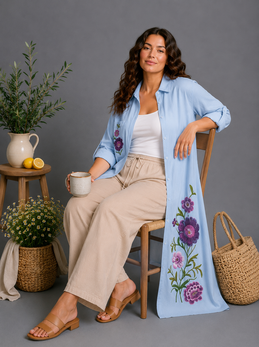 Embroidered Linen Shirt Dress