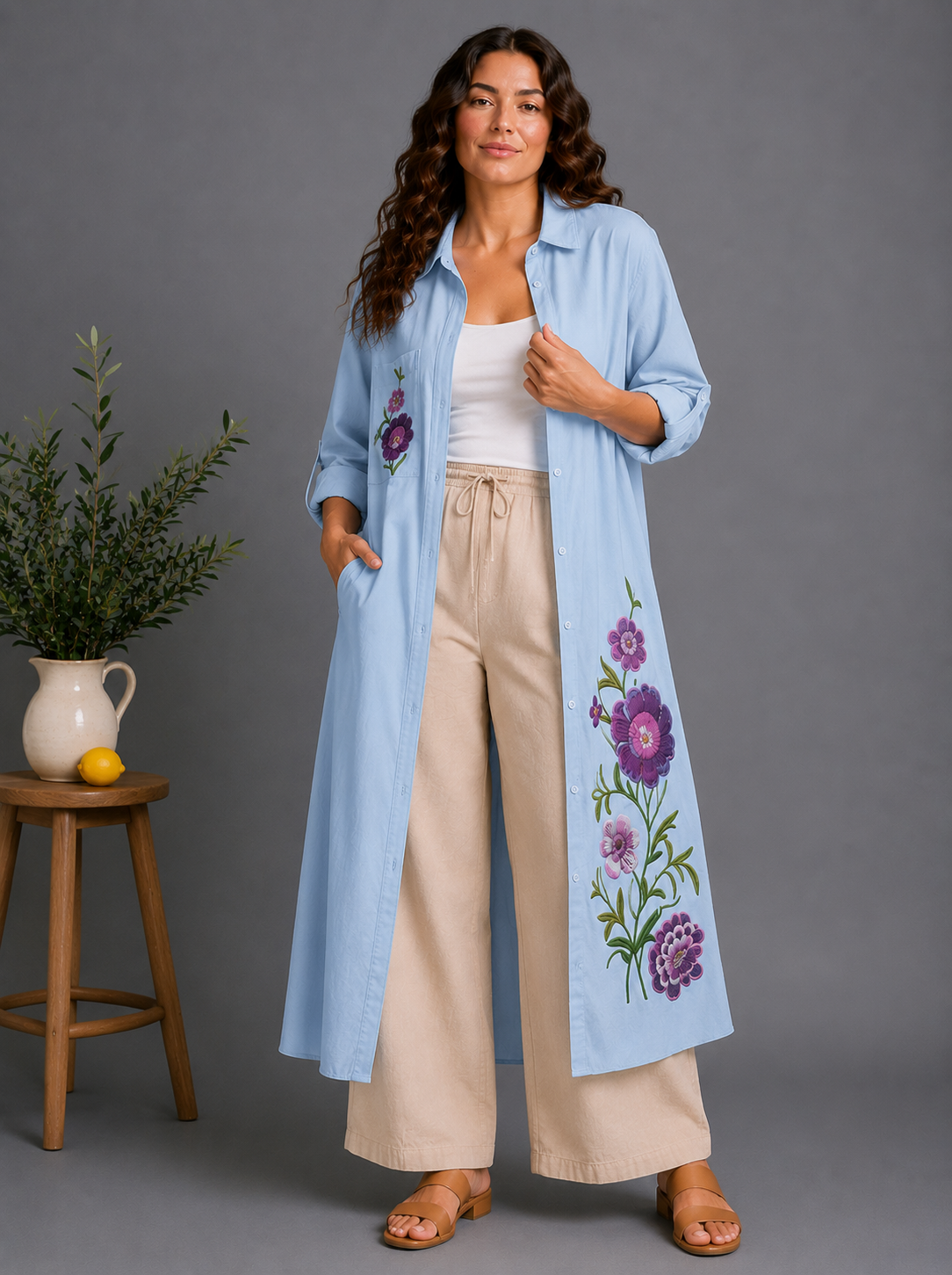 Embroidered Linen Shirt Dress