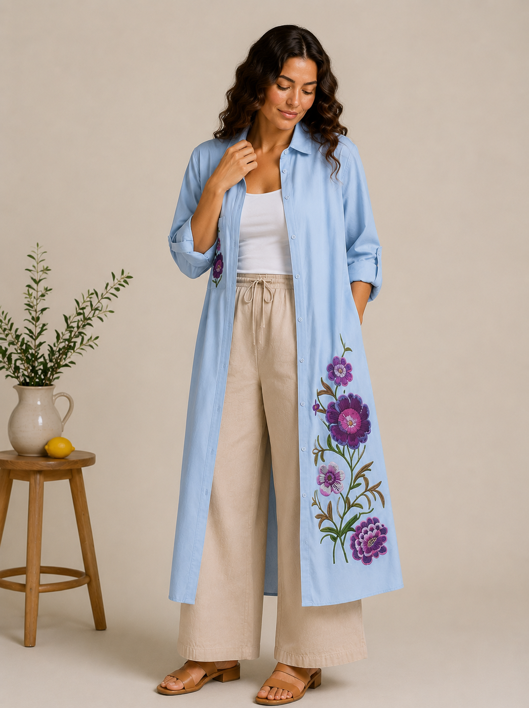 Embroidered Linen Shirt Dress