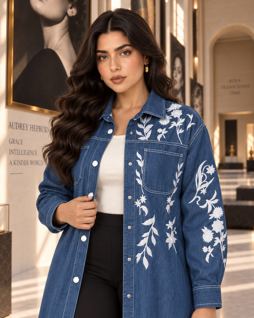 Embroidered Denim Long Chemise