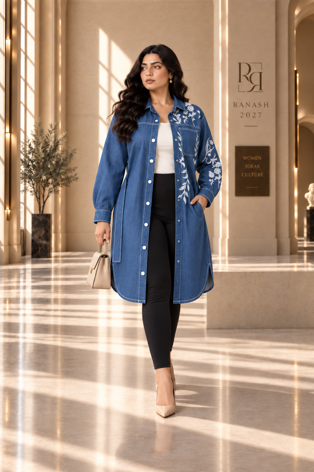 Embroidered Denim Long Chemise