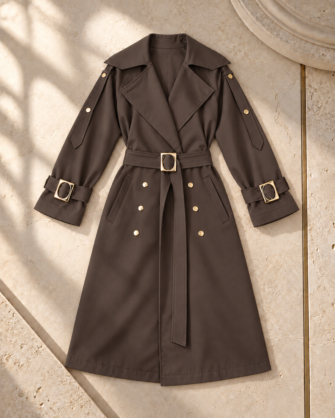 Gabardine Trench Coat with Gold-Tone Details