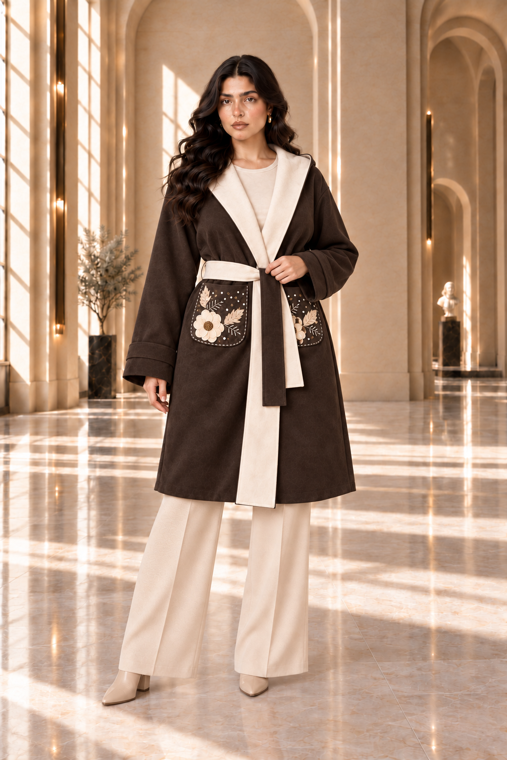 Floral Embroidered Hooded Wrap Coat