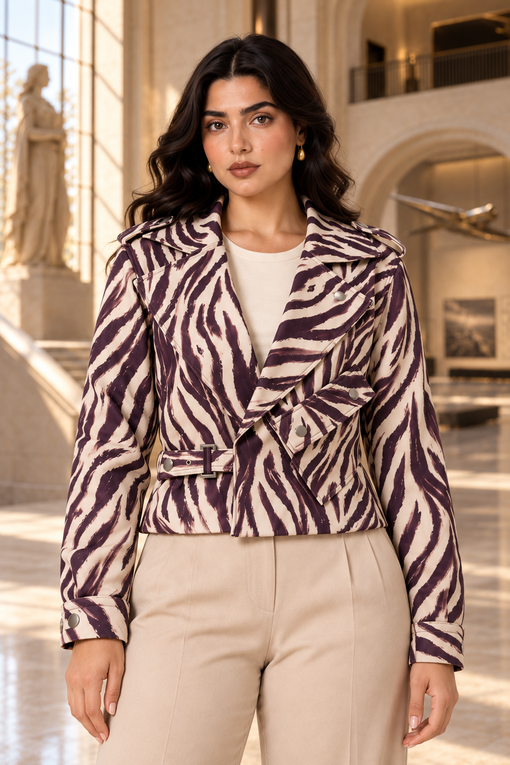 Cream & Plum Zebra Biker Jacket