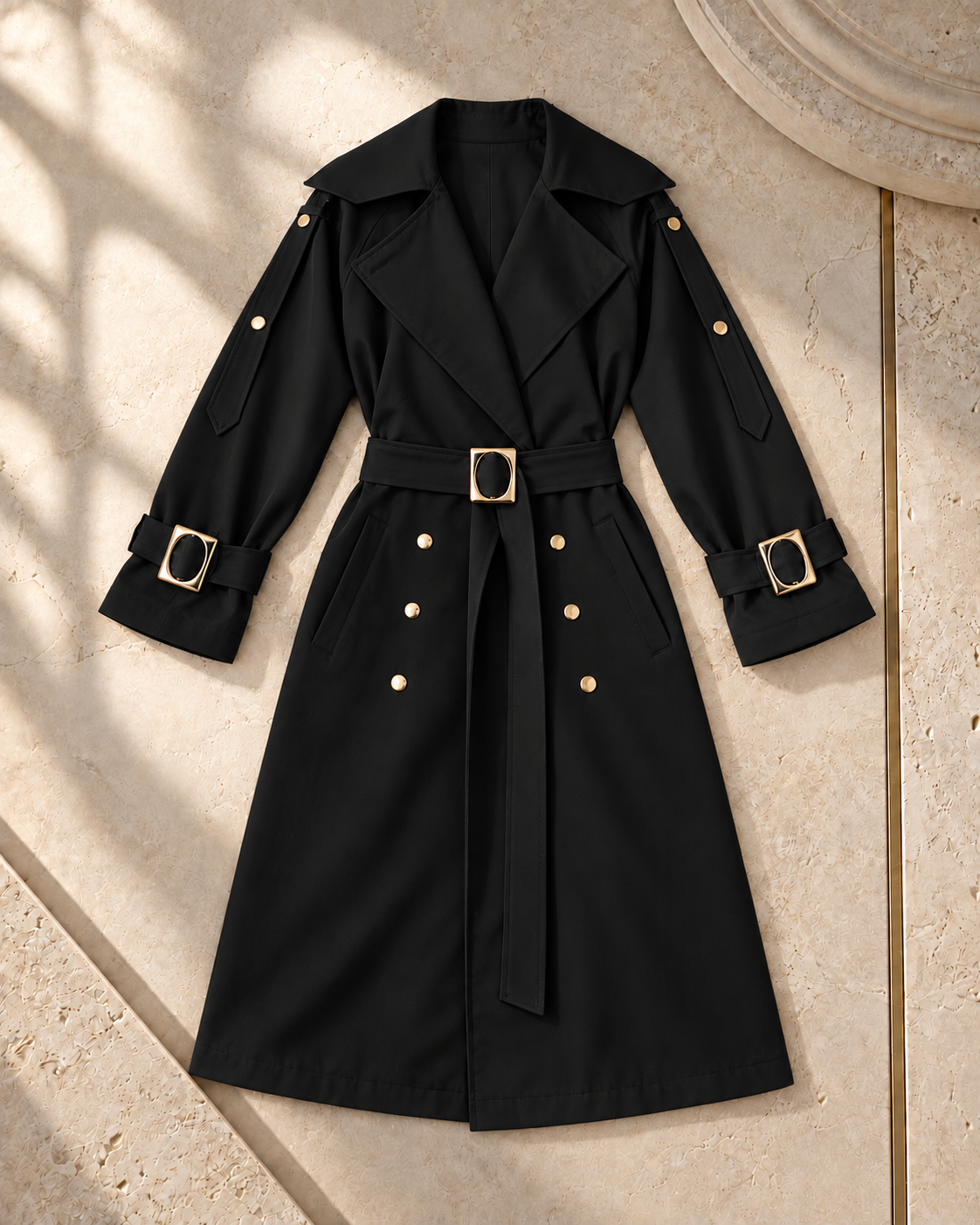 Gabardine Trench Coat with Gold-Tone Details