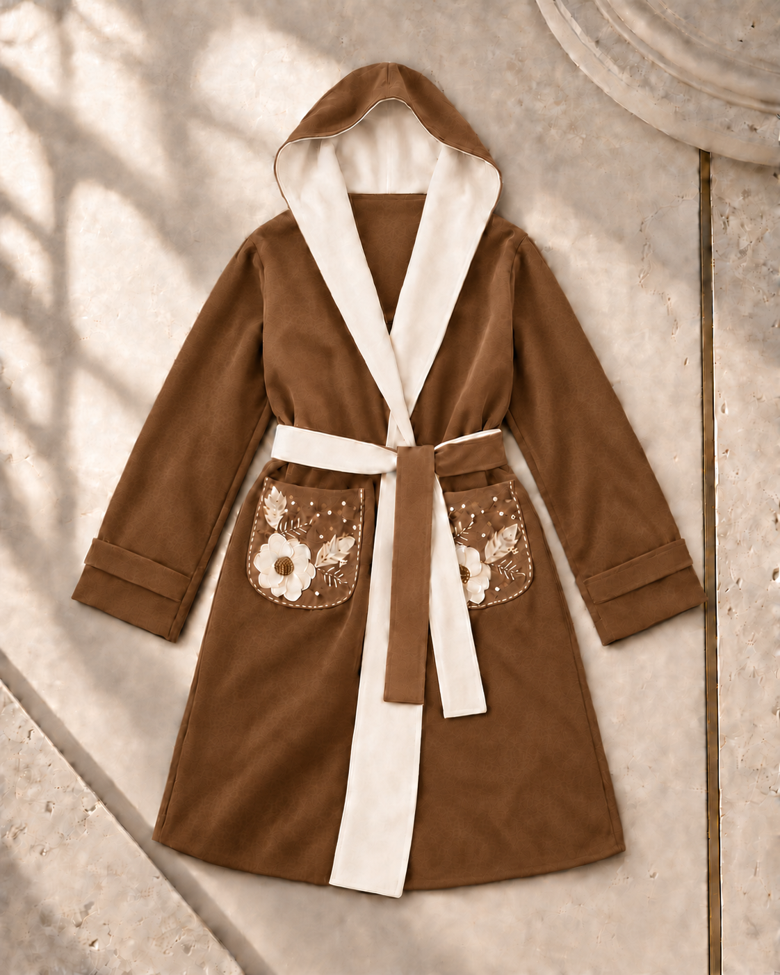 Floral Embroidered Hooded Wrap Coat