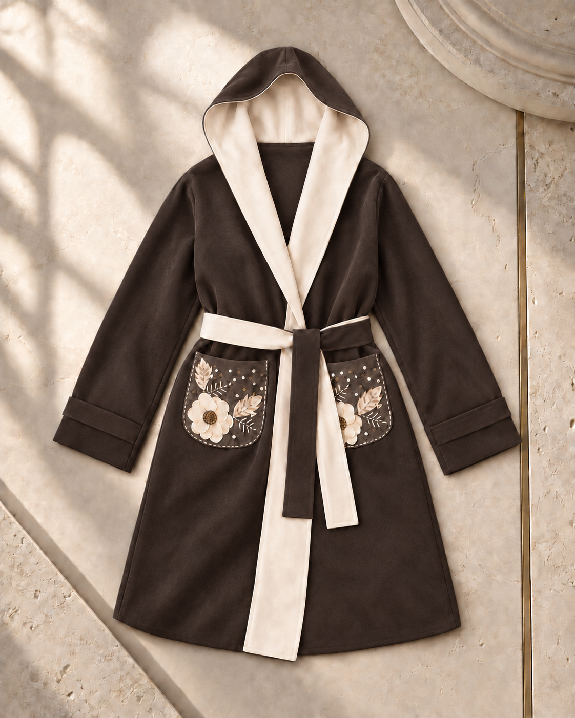 Floral Embroidered Hooded Wrap Coat