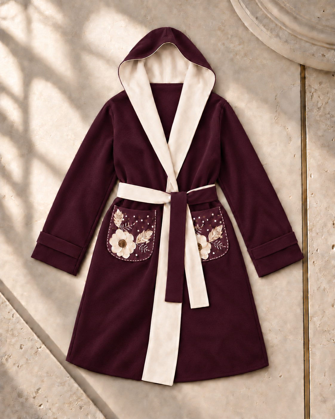 Floral Embroidered Hooded Wrap Coat
