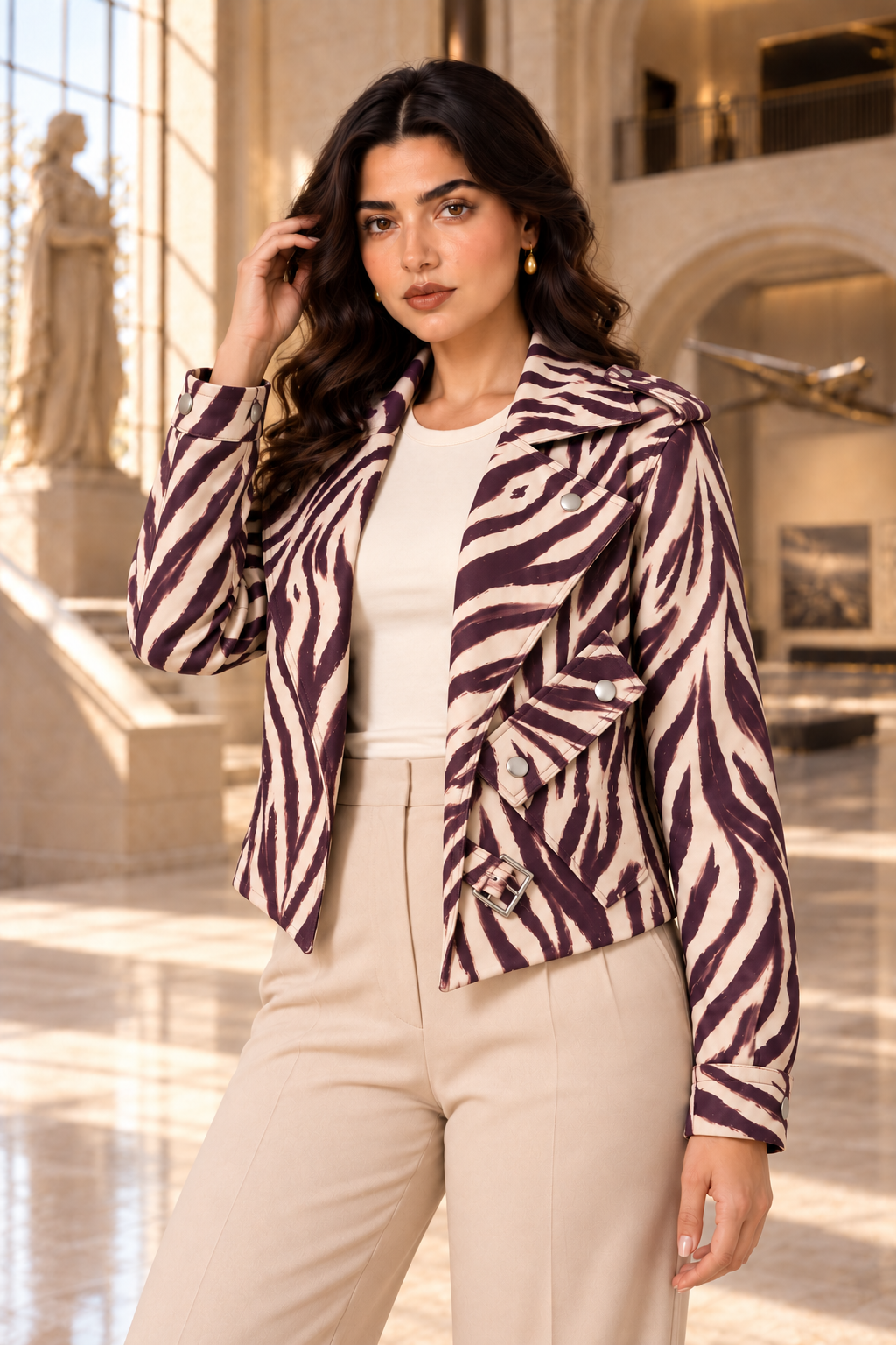 Cream & Plum Zebra Biker Jacket