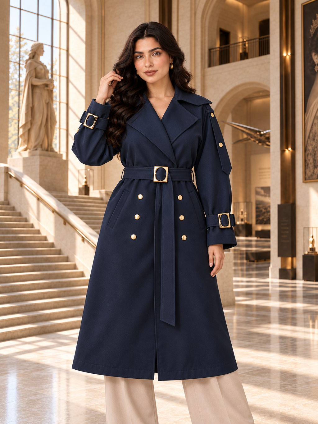 Gabardine Trench Coat with Gold-Tone Details