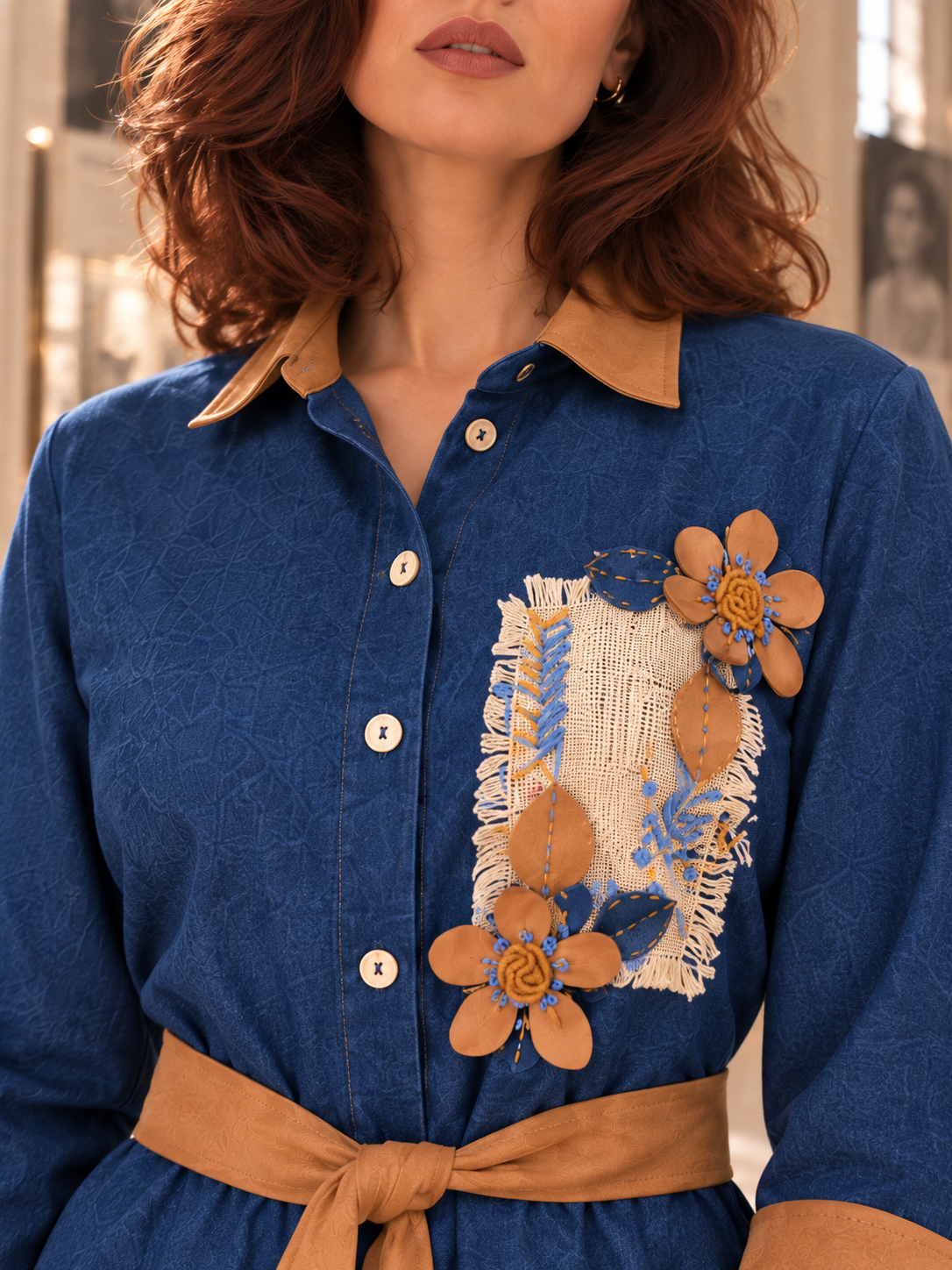 Floral Appliqué Long Denim Chemise
