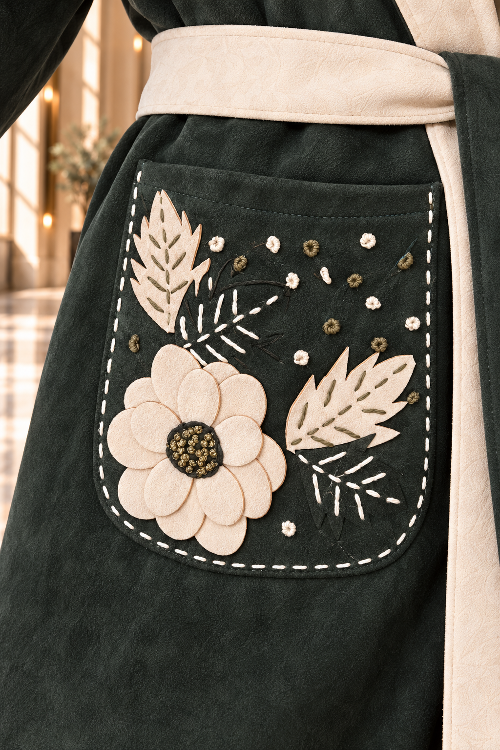 Floral Embroidered Hooded Wrap Coat