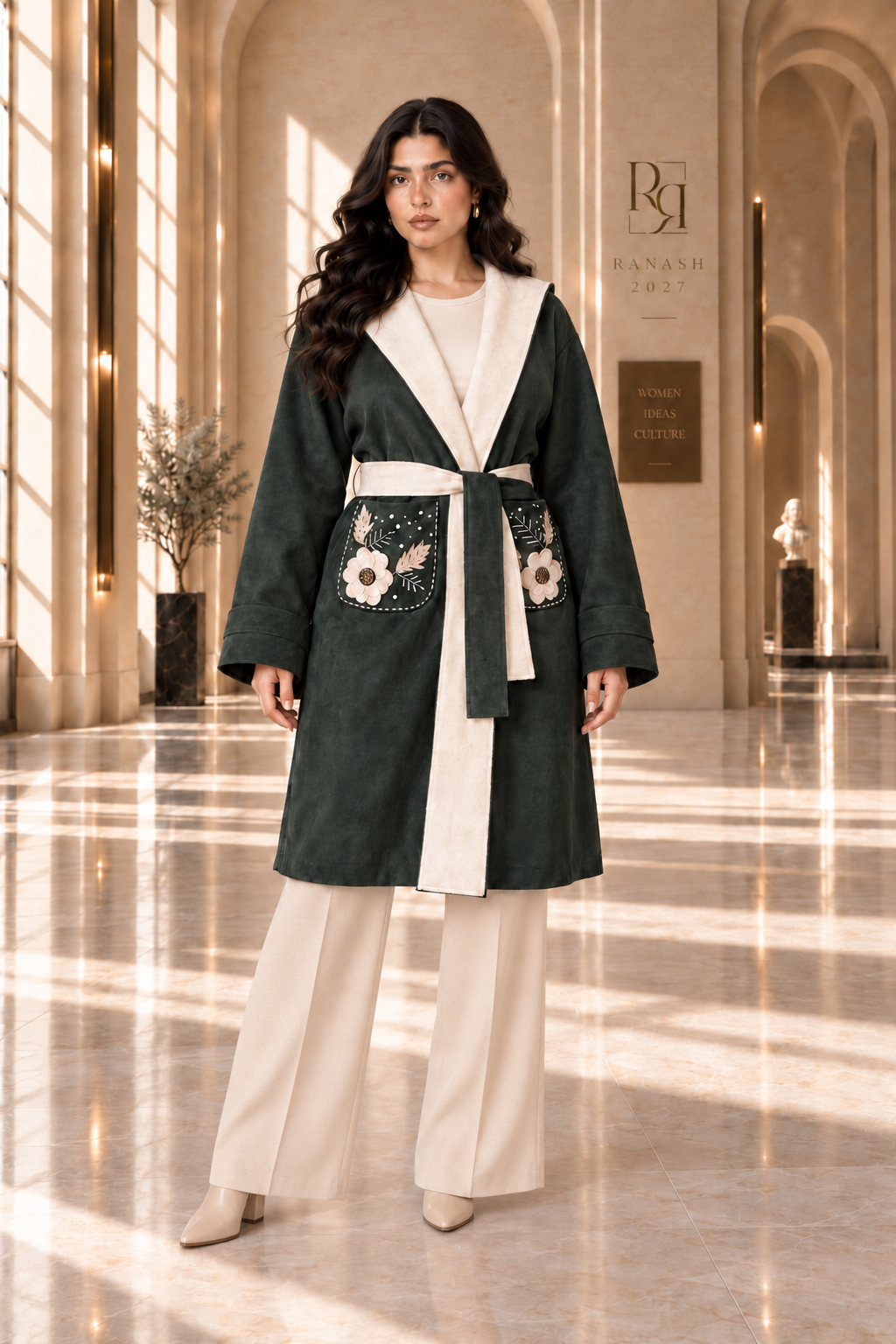 Floral Embroidered Hooded Wrap Coat