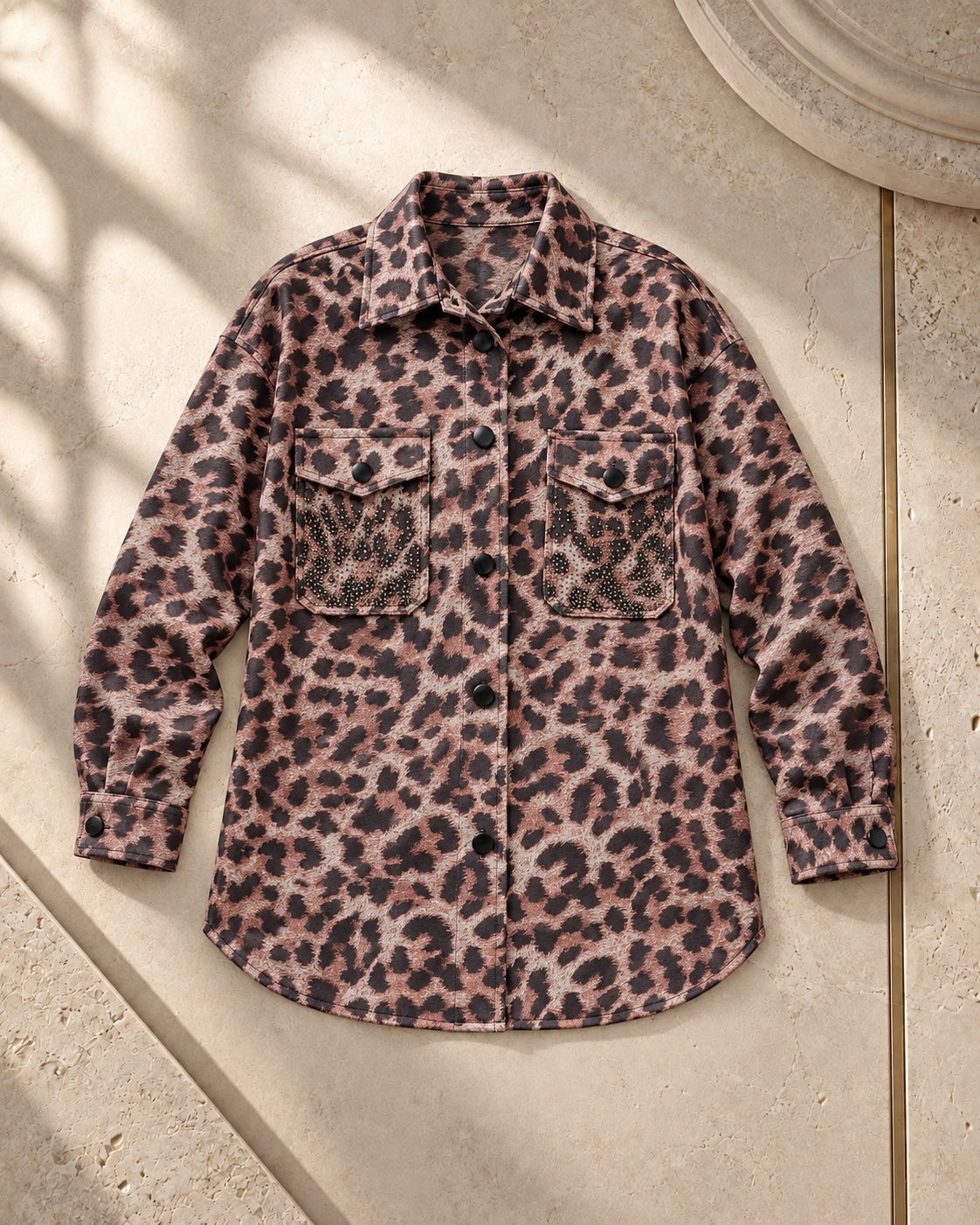 Leopard Print Rhinestone Pocket Blouse