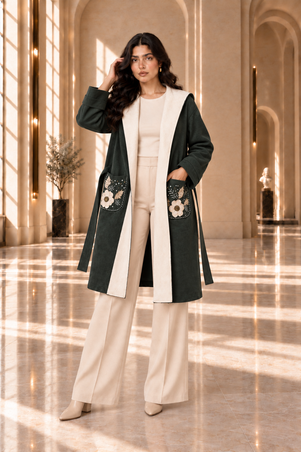 Floral Embroidered Hooded Wrap Coat