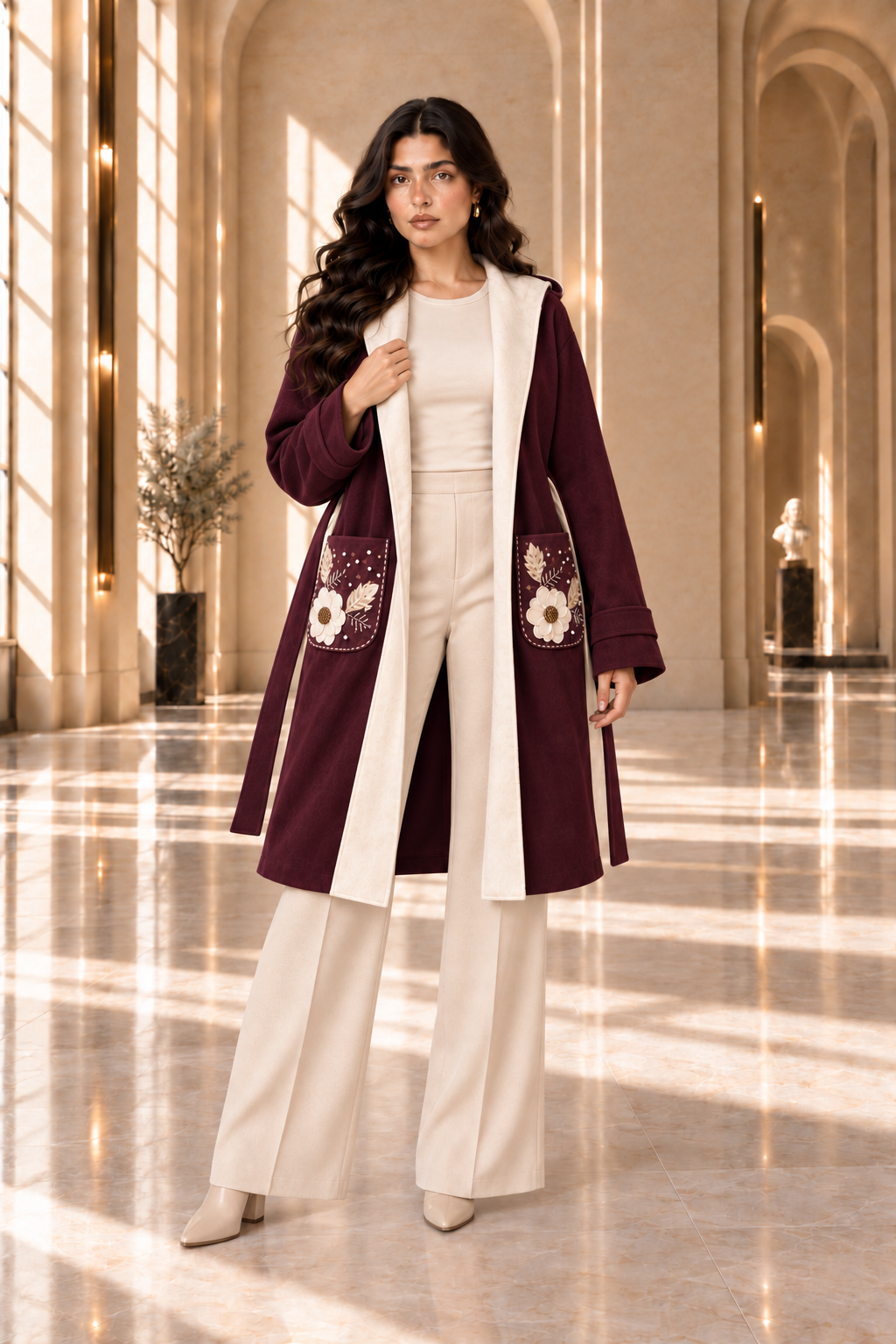 Floral Embroidered Hooded Wrap Coat
