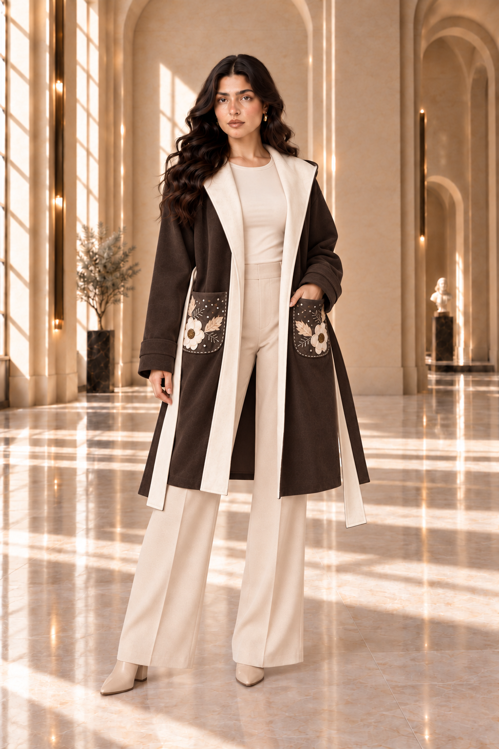 Floral Embroidered Hooded Wrap Coat