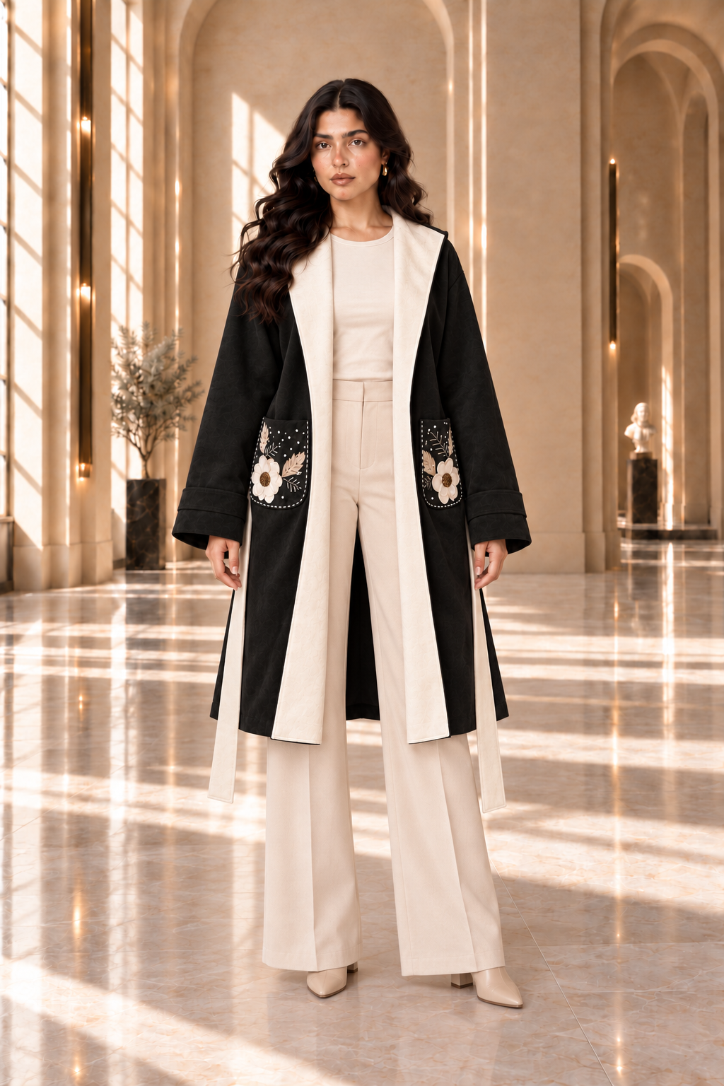 Floral Embroidered Hooded Wrap Coat