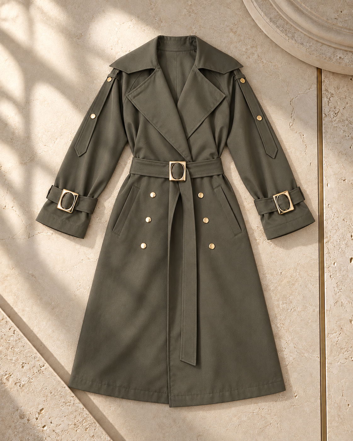 Gabardine Trench Coat with Gold-Tone Details