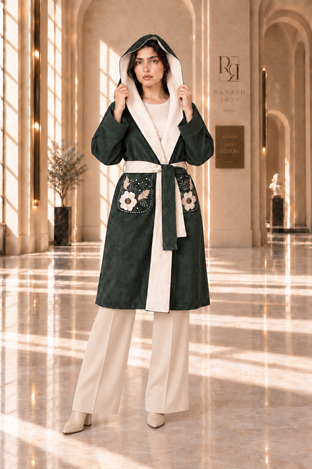 Floral Embroidered Hooded Wrap Coat