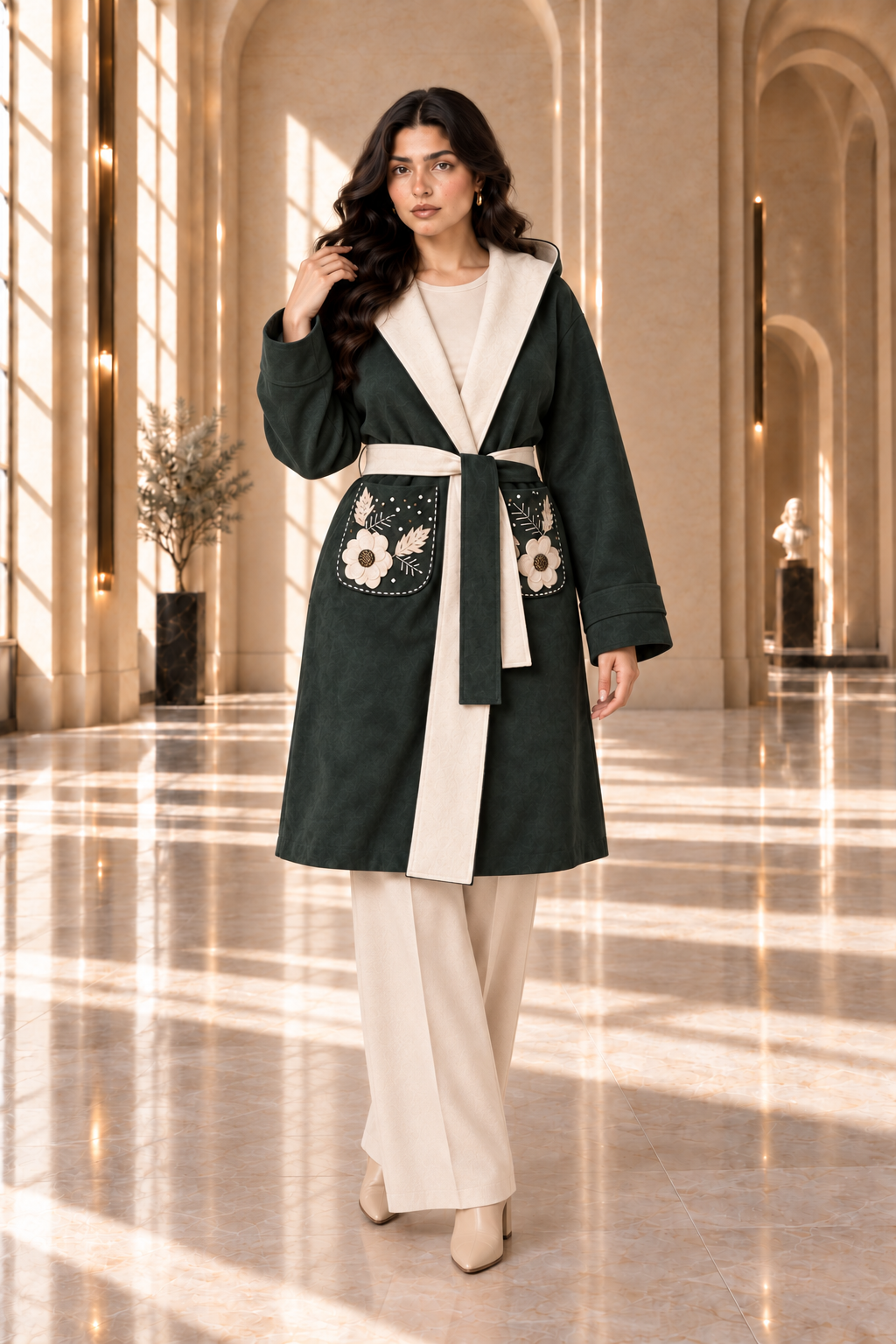 Floral Embroidered Hooded Wrap Coat