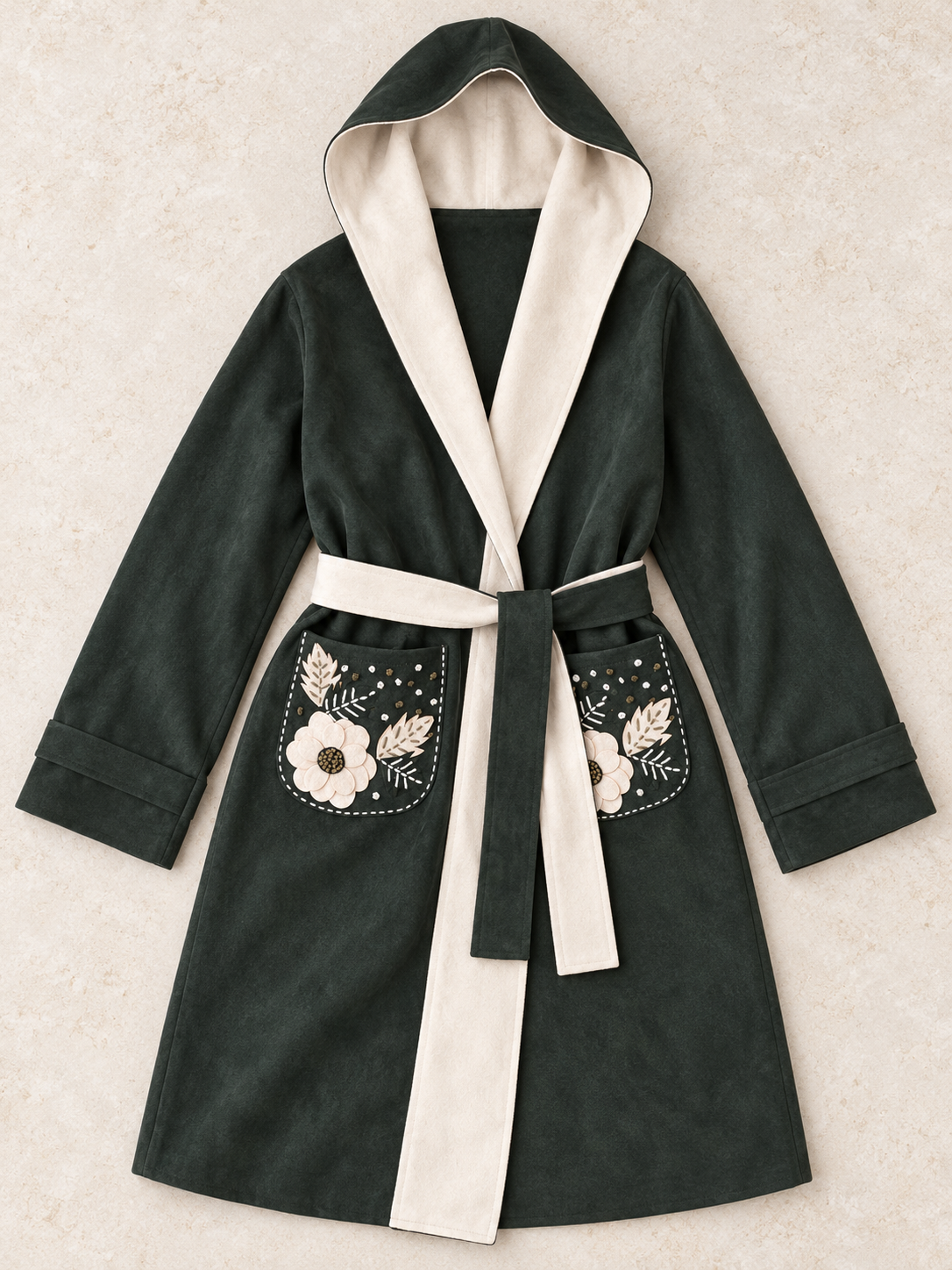 Floral Embroidered Hooded Wrap Coat