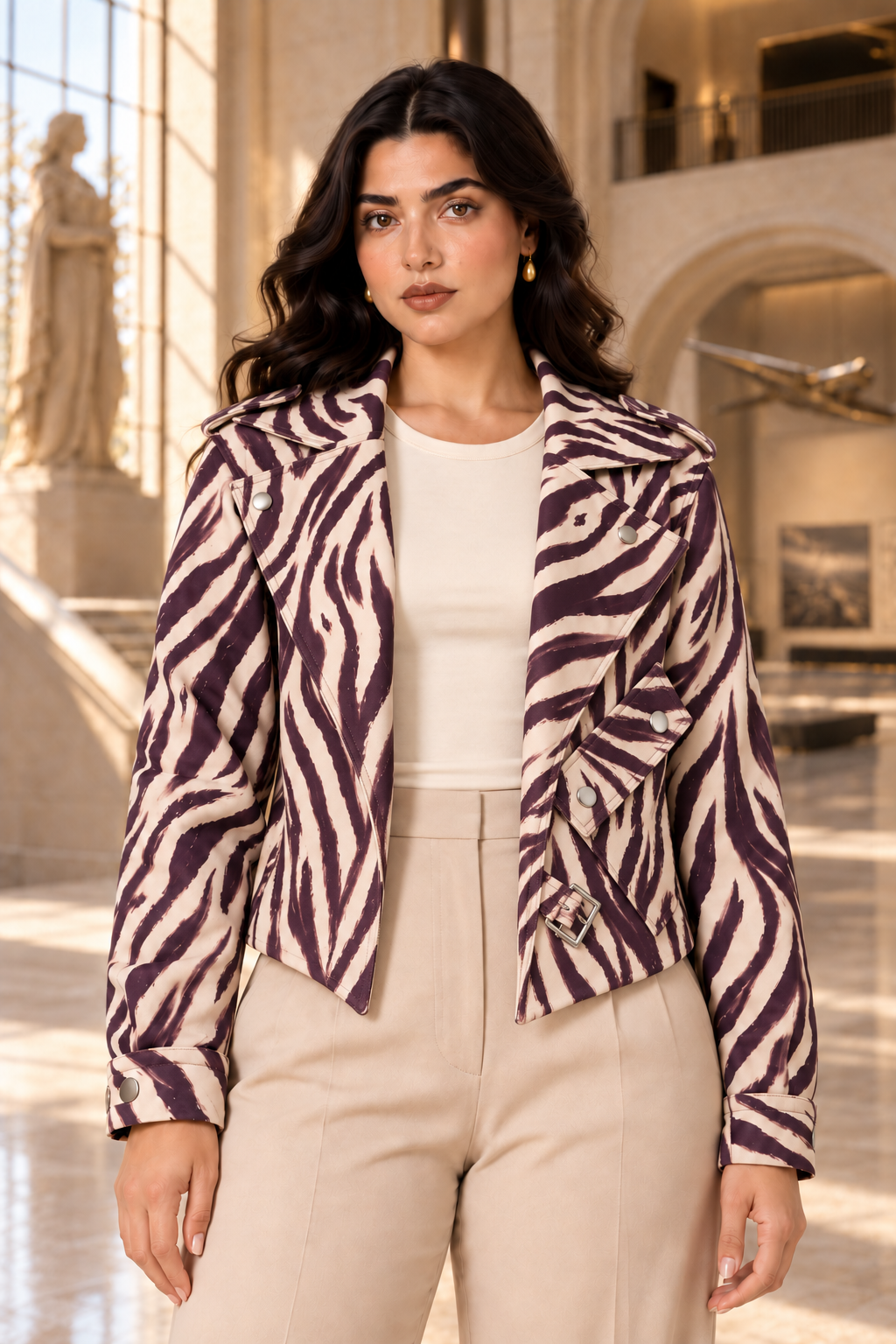 Cream & Plum Zebra Biker Jacket