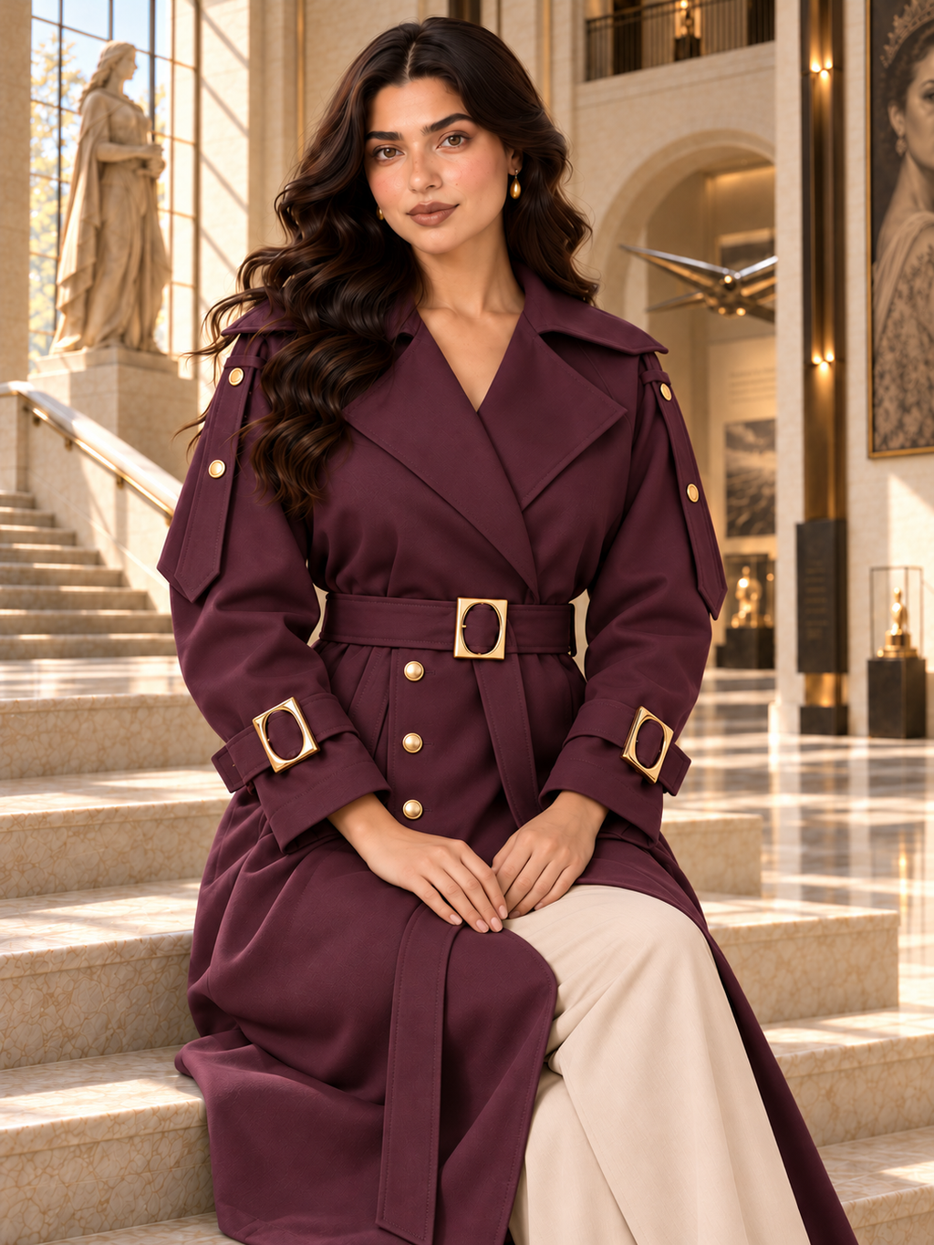 Gabardine Trench Coat with Gold-Tone Details