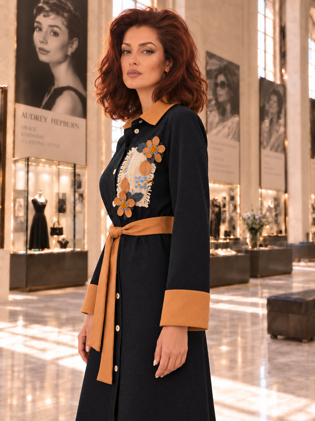 Floral Appliqué Long Denim Chemise