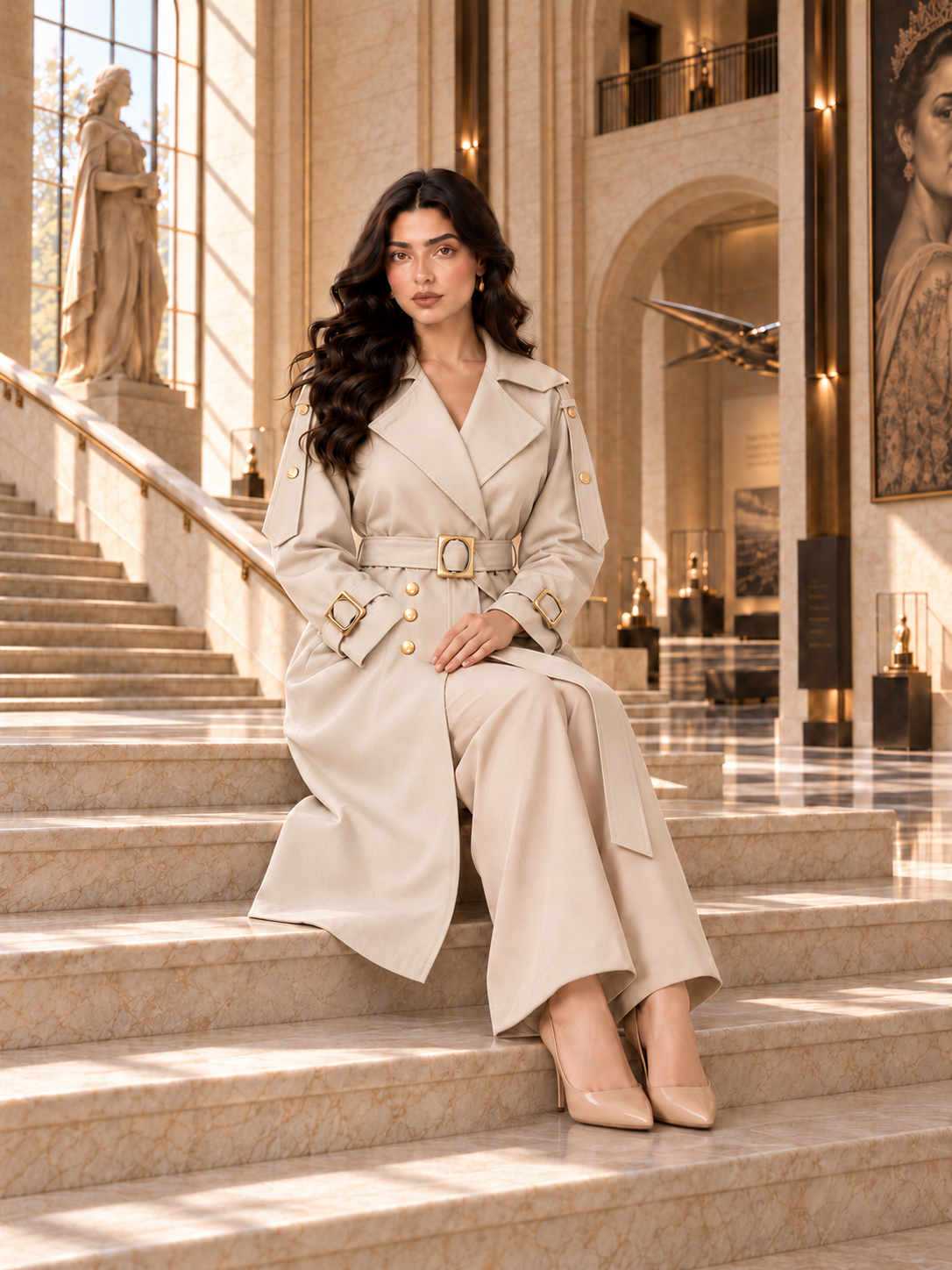 Gabardine Trench Coat with Gold-Tone Details