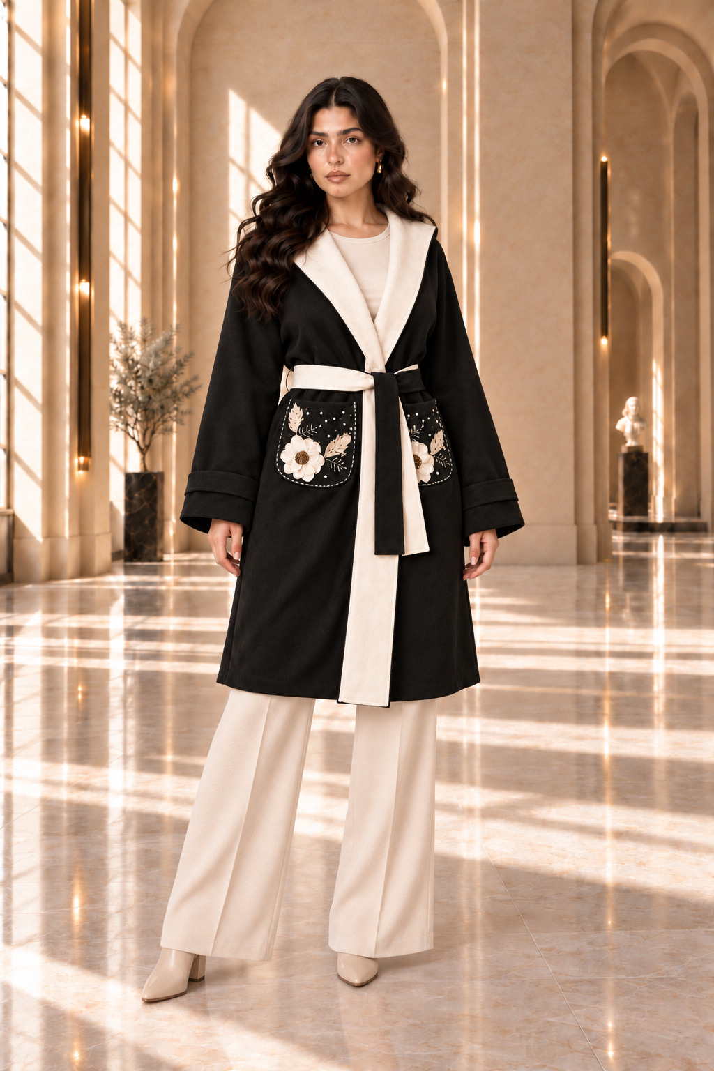 Floral Embroidered Hooded Wrap Coat