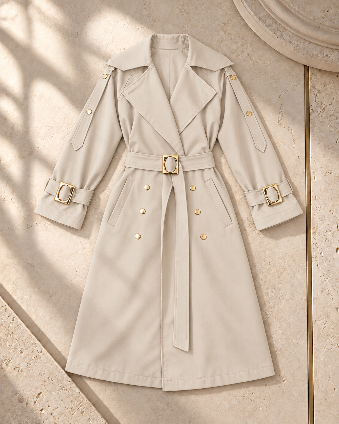 Gabardine Trench Coat with Gold-Tone Details